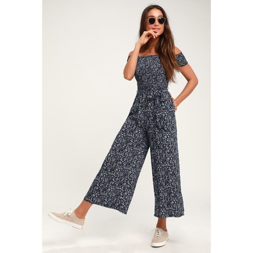 Lulus Behold Navy Blue Floral Print Off-the-shoulder Jumpsuit - Size L